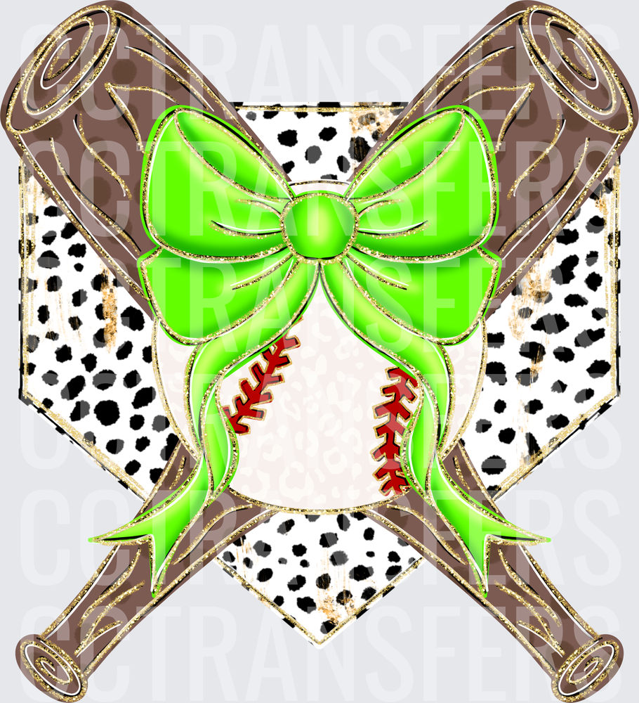 Lime Green Bow Baseball Crossed Bats Dalmatian Home Plate (DTF)