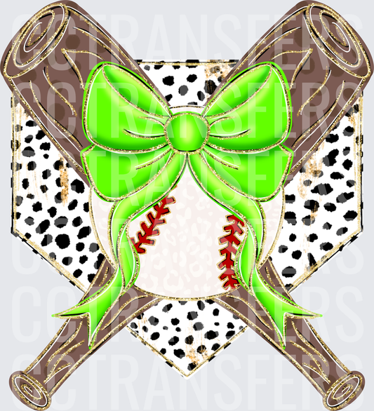 Lime Green Bow Baseball Crossed Bats Dalmatian Home Plate (DTF)