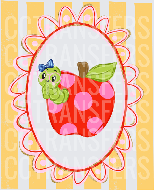 Cute Bookworm Girl Worm in Polka Dot Apple Floral Frame (DTF)