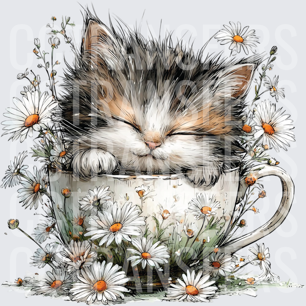 Sleepy Fluffy Kitten Napping in Daisy Teacup (DTF)