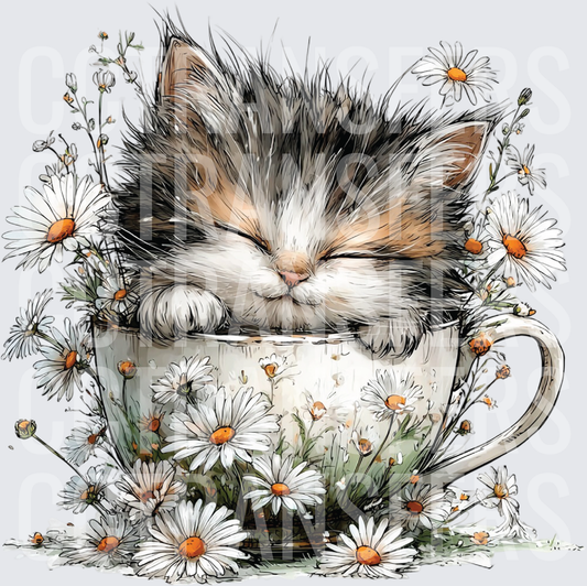 Sleepy Fluffy Kitten Napping in Daisy Teacup (DTF)