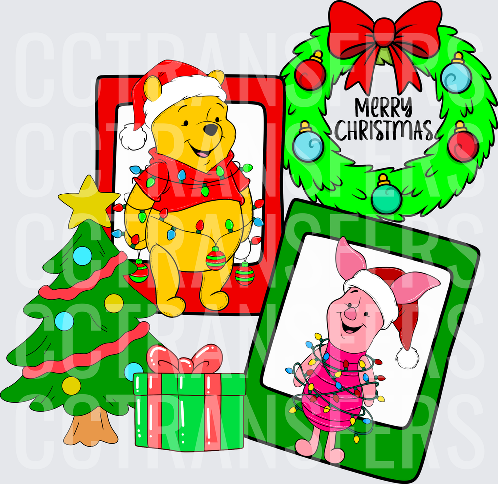 Merry Christmas Honey Bear & Pink Piglet Holiday Frames (DTF)