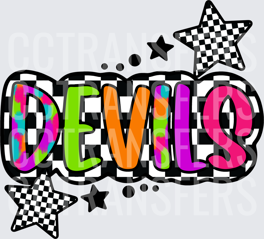 Colorful DEVILS Checkered Bold Bubble Letters with Stars (DTF)