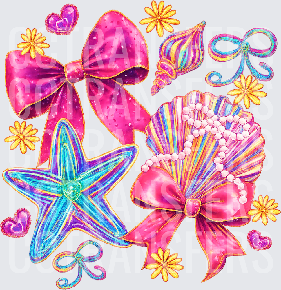 Bright Coastal Bows Seashells Starfish Pearl Necklace (DTF)