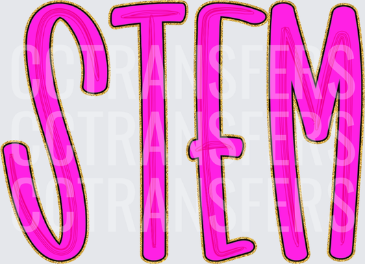 Bold Hot Pink STEM Text with Gold Glitter Outline (DTF)