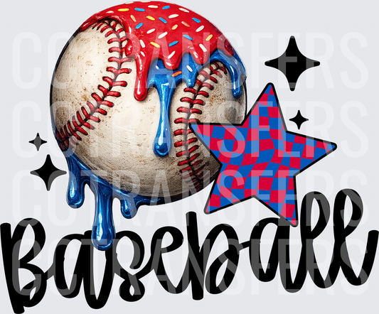 Baseball Red Blue Drip Sprinkles Checkered Star (DTF)