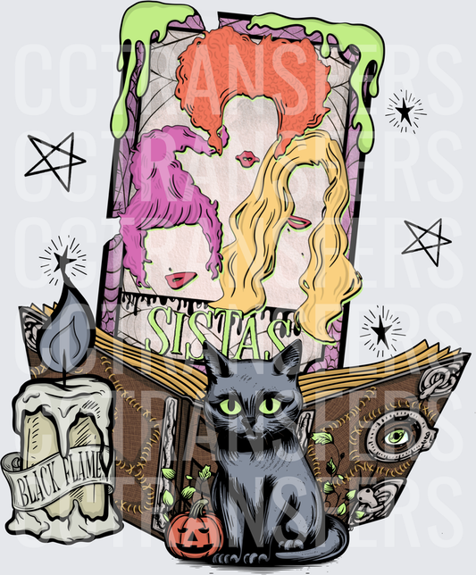 Sistas Witches Spellbook Black Flame Candle Black Cat (DTF)