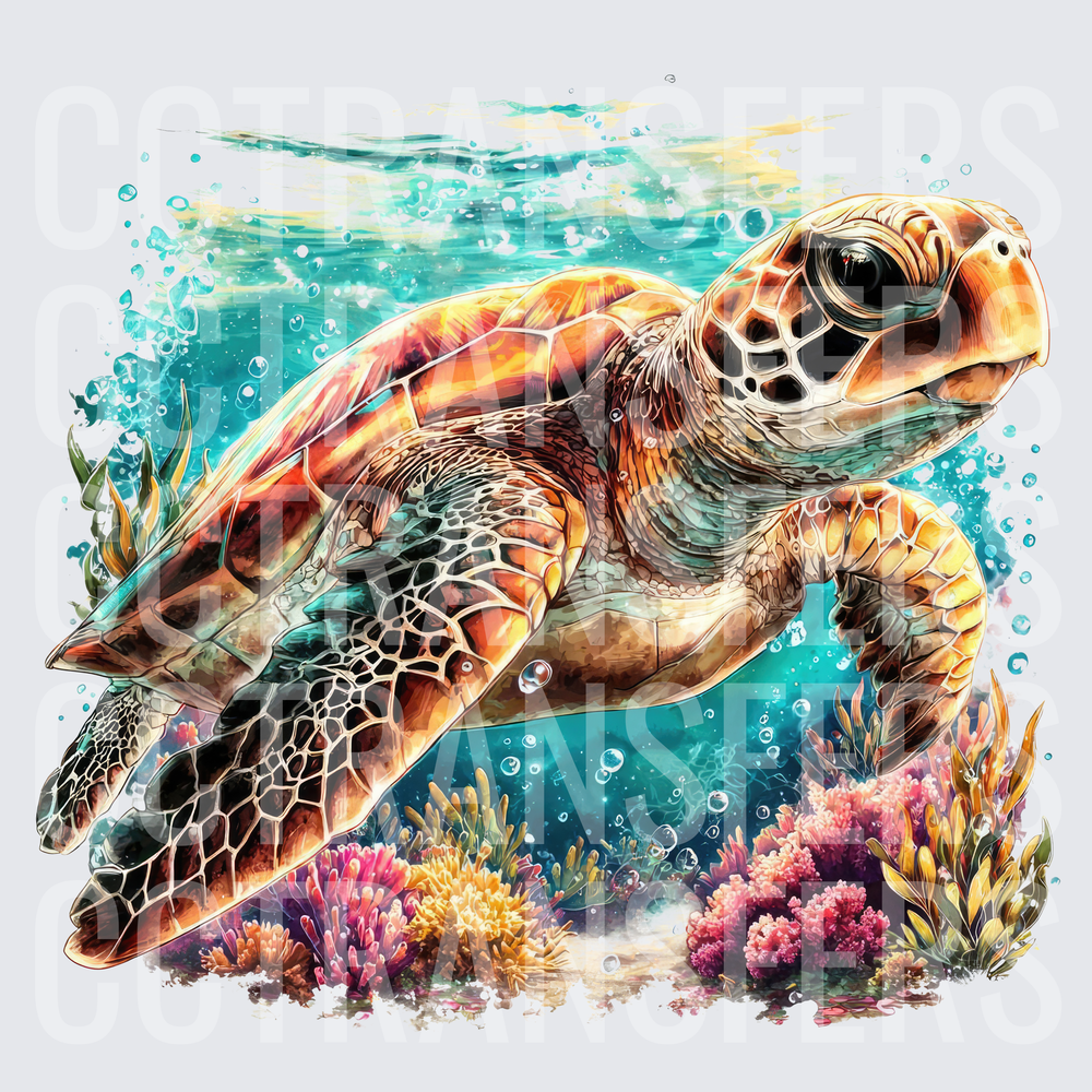 Vibrant Sea Turtle Swimming Over Coral Reef (DTF)