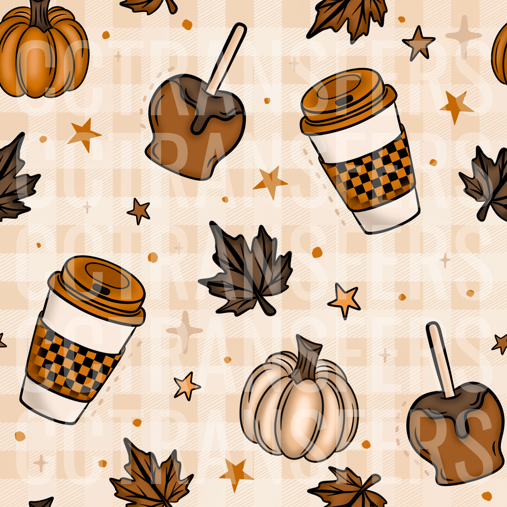 Fall Pumpkins Caramel Apples Coffee Cups Plaid Pattern (DTF)