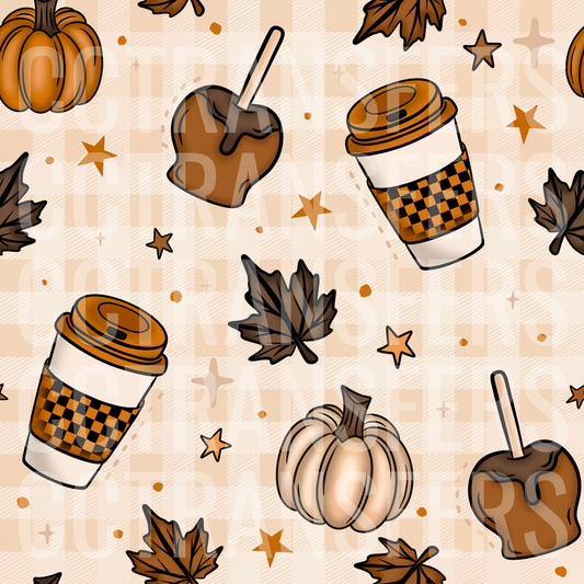 Fall Pumpkins Caramel Apples Coffee Cups Plaid Pattern (DTF)
