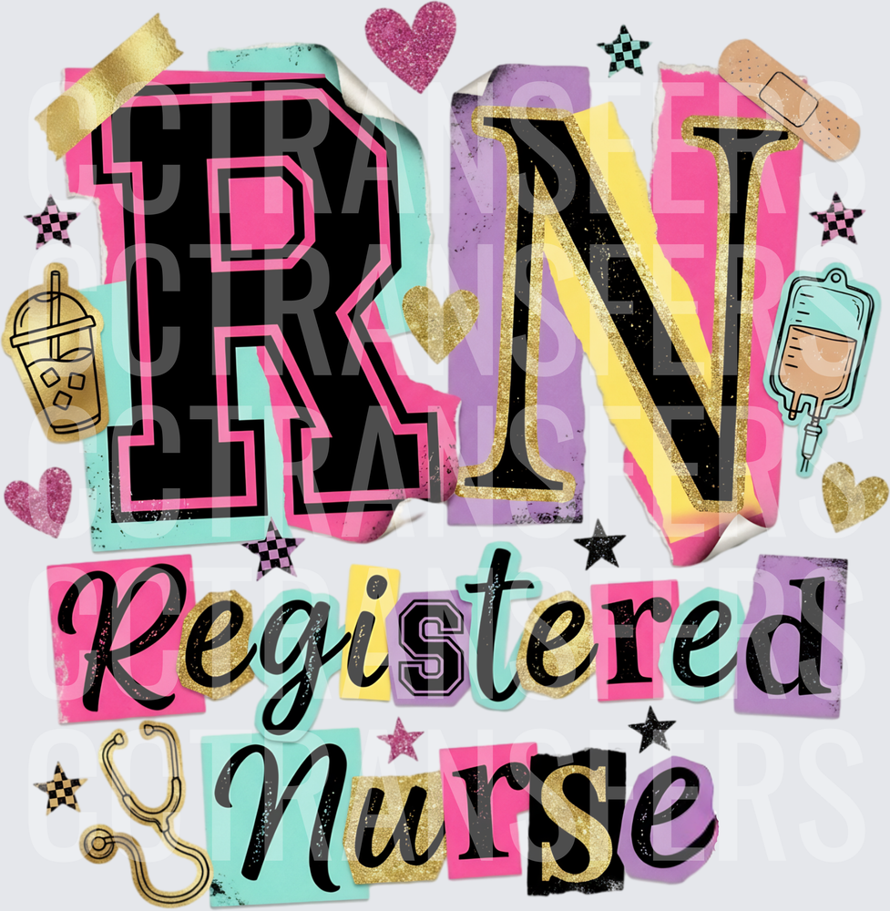 RN Registered Nurse Retro Collage Glitter Design (DTF)