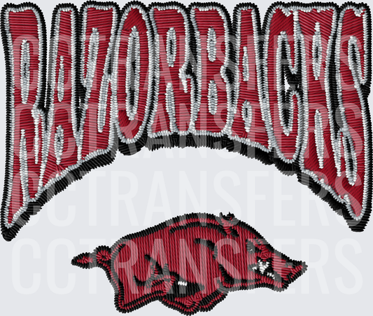 Razorbacks Embroidery Style Arched Wordmark with Hog (DTF)