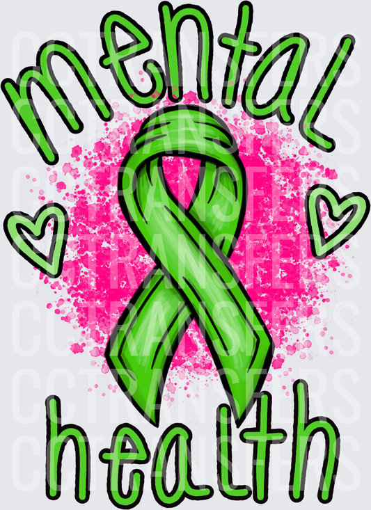 Mental Health Green Ribbon Pink Splatter Hearts (DTF)