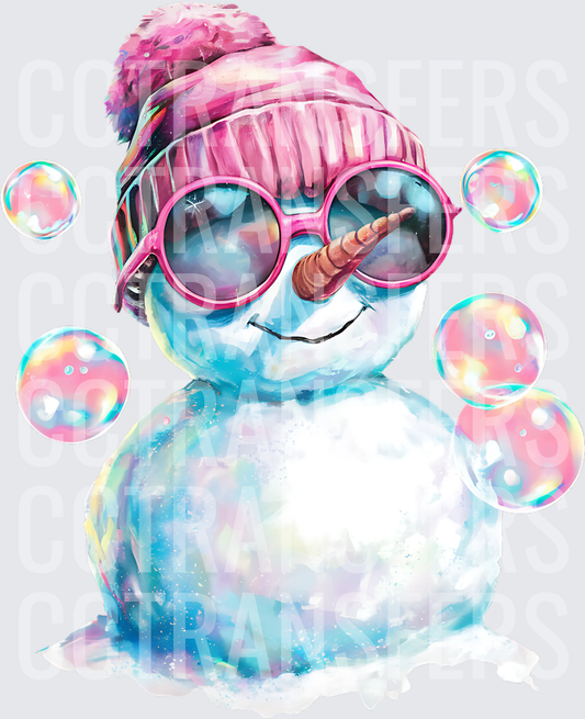 Cute Snowman Pink Beanie Sunglasses Unicorn Horn Bubbles (DTF)