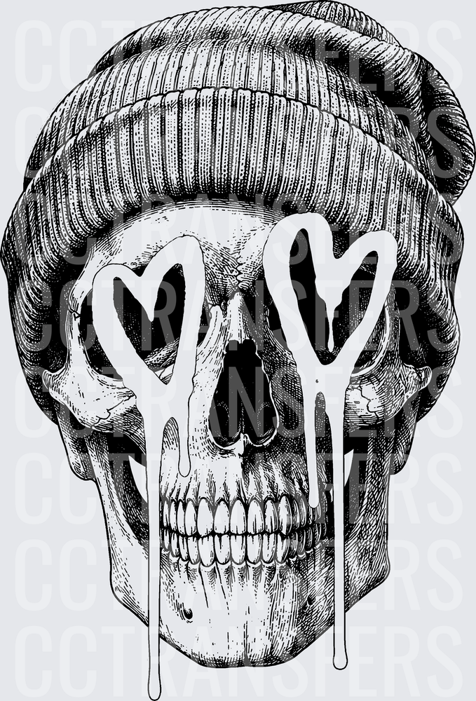 Skull Beanie Dripping Heart Eyes Black White (DTF)