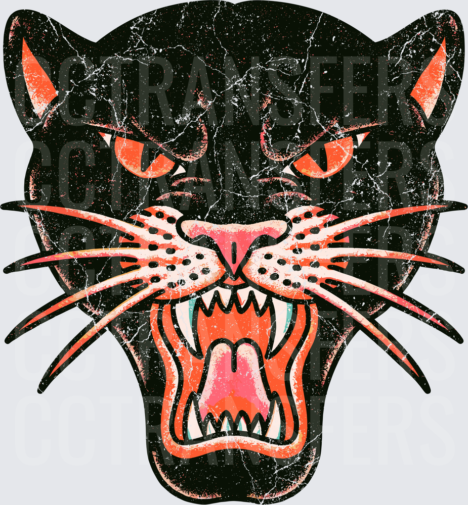 Vintage Distressed Black Panther Face Roaring Traditional Tattoo Style (DTF)