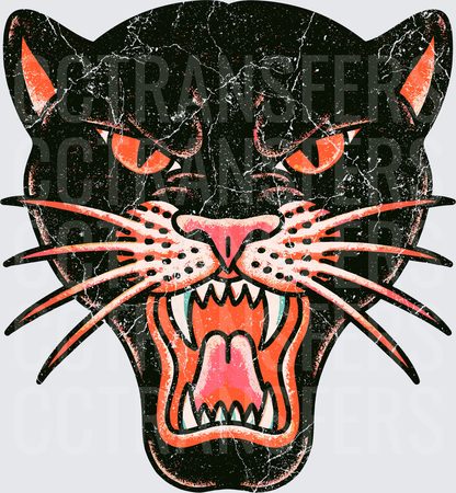 Vintage Distressed Black Panther Face Roaring Traditional Tattoo Style (DTF)