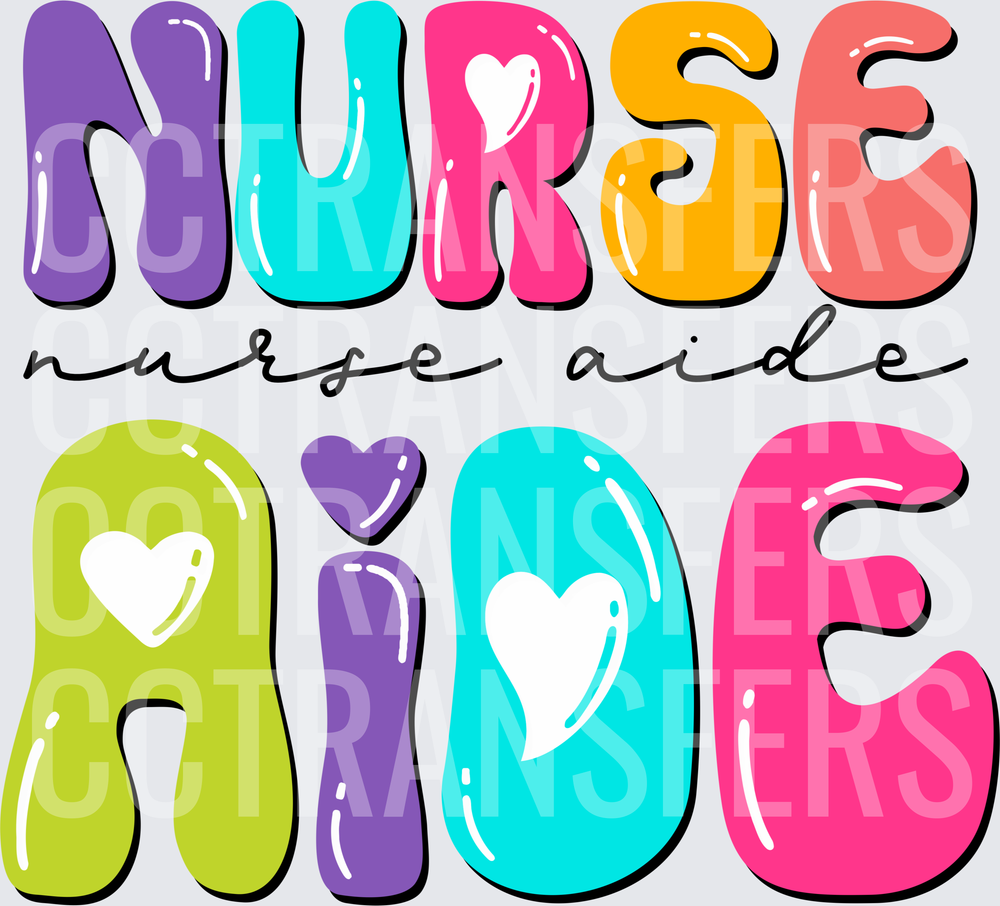 Colorful Retro Bubble Letter Nurse Aide with Hearts (DTF)