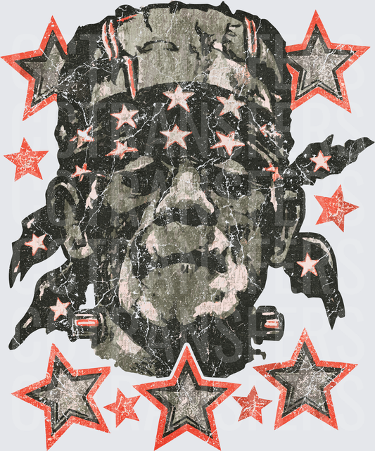 Vintage Distressed Monster Face Red Stars Grunge (DTF)