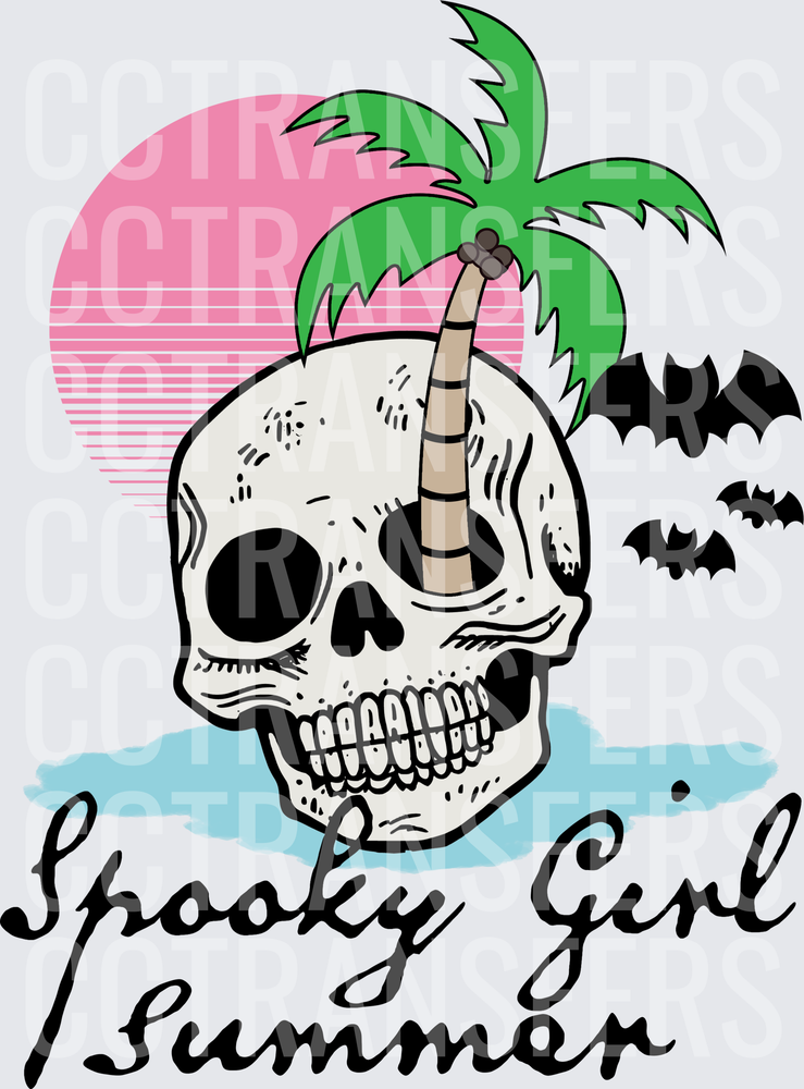 Spooky Girl Summer Skull Palm Tree Bats Retro Sunset (DTF)