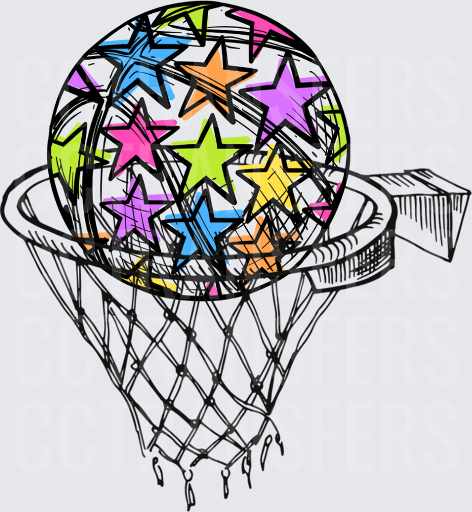 Colorful Star-Covered Ball Going Through Basketball Hoop (DTF)