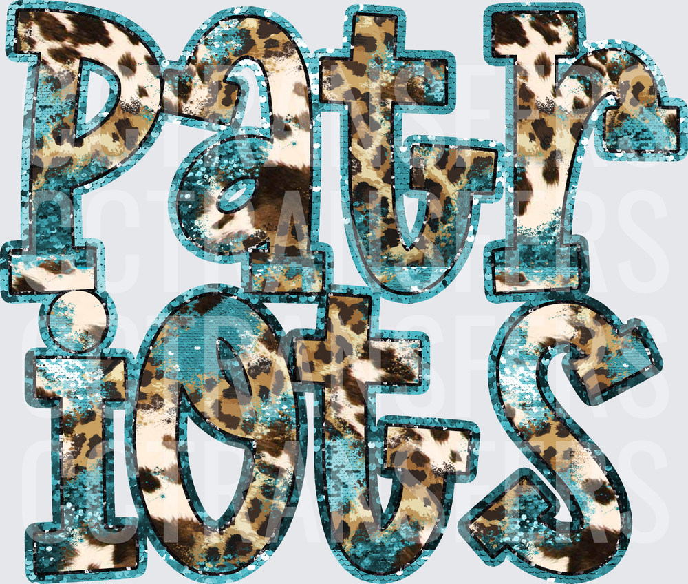 Patriots Teal Sequin Leopard Cowhide Stacked Letters (DTF)