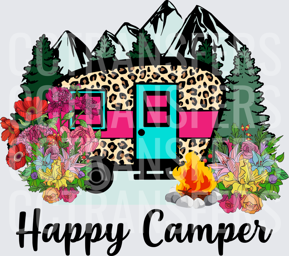 Happy Camper Leopard Print Trailer Floral Mountains (DTF)