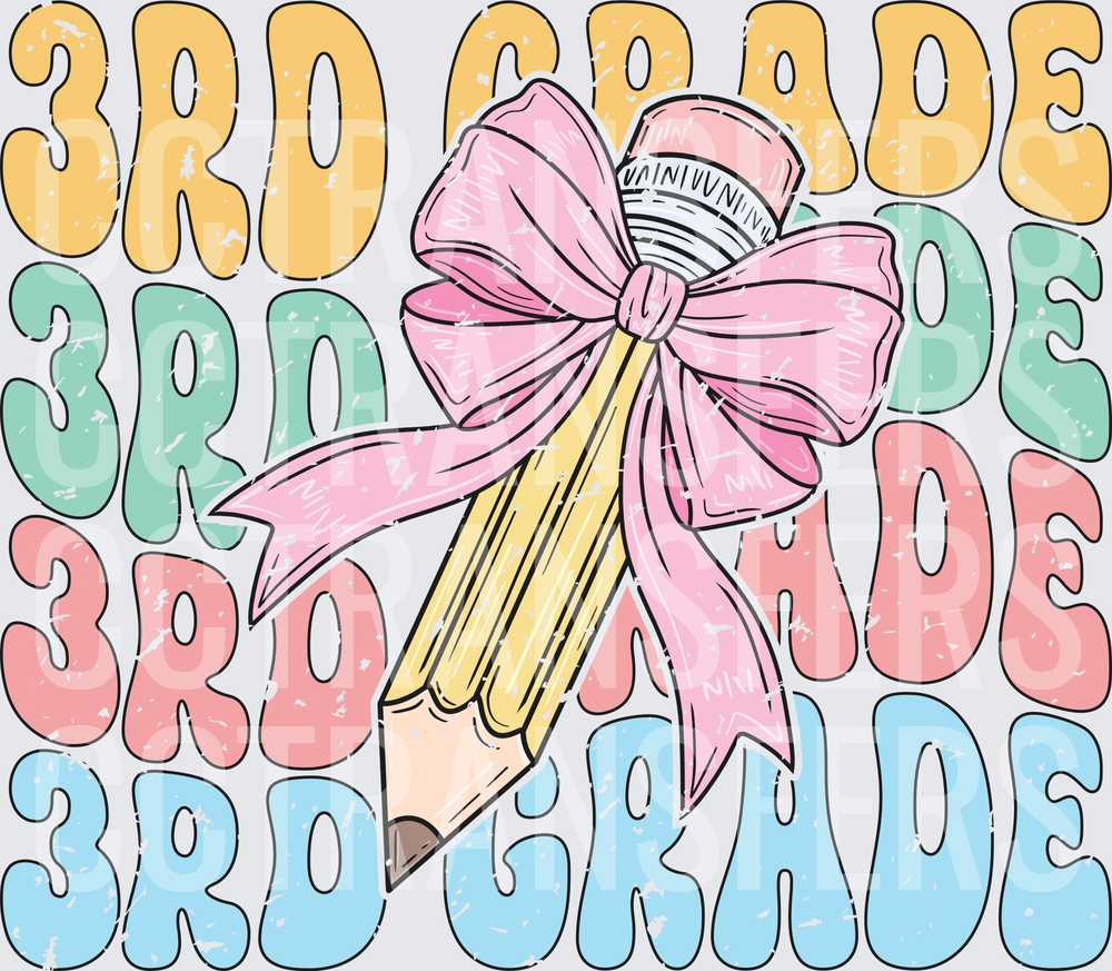 3rd Grade Stacked Retro Pencil with Pink Bow (DTF)