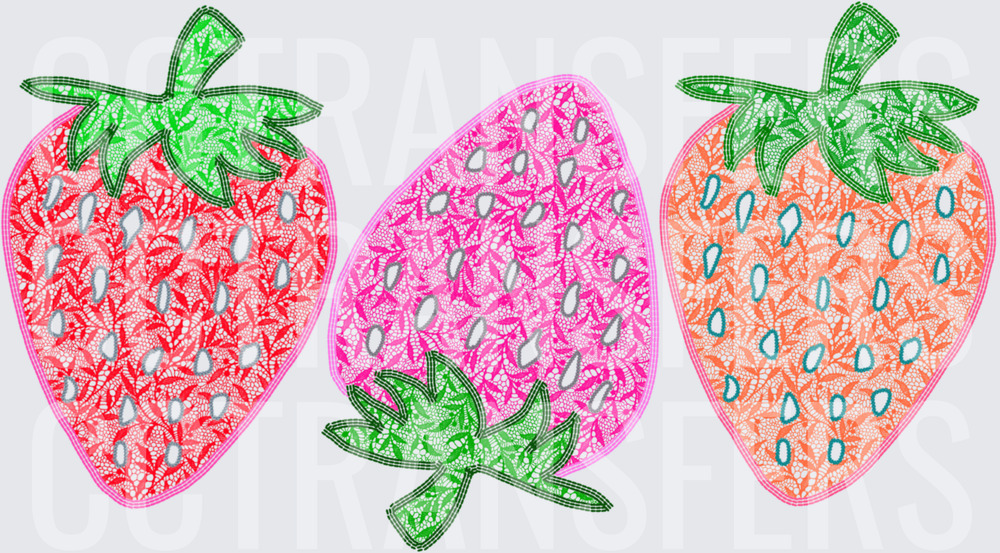 Trio of Decorative Strawberries Lace Pattern Red Pink Orange (DTF)