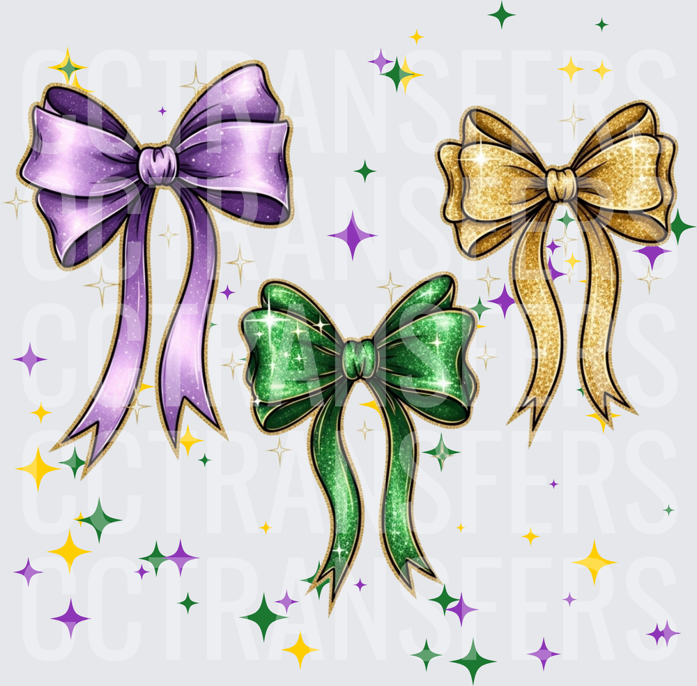Mardi Gras Glitter Bows Purple Green Gold Sparkle (DTF)