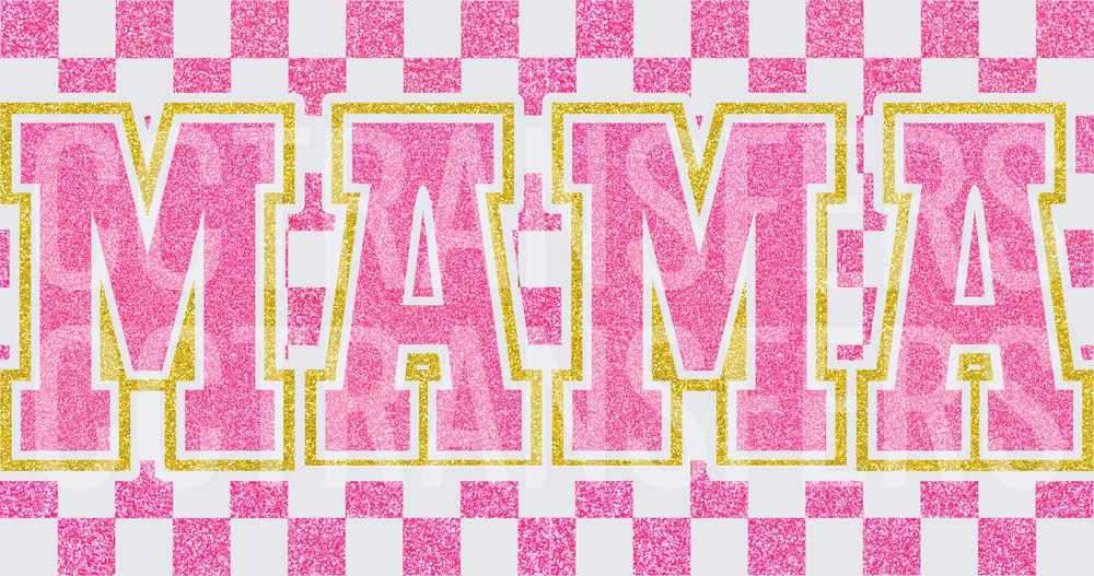 Pink Glitter MAMA Varsity Letter Checkered Gold Outline (DTF)