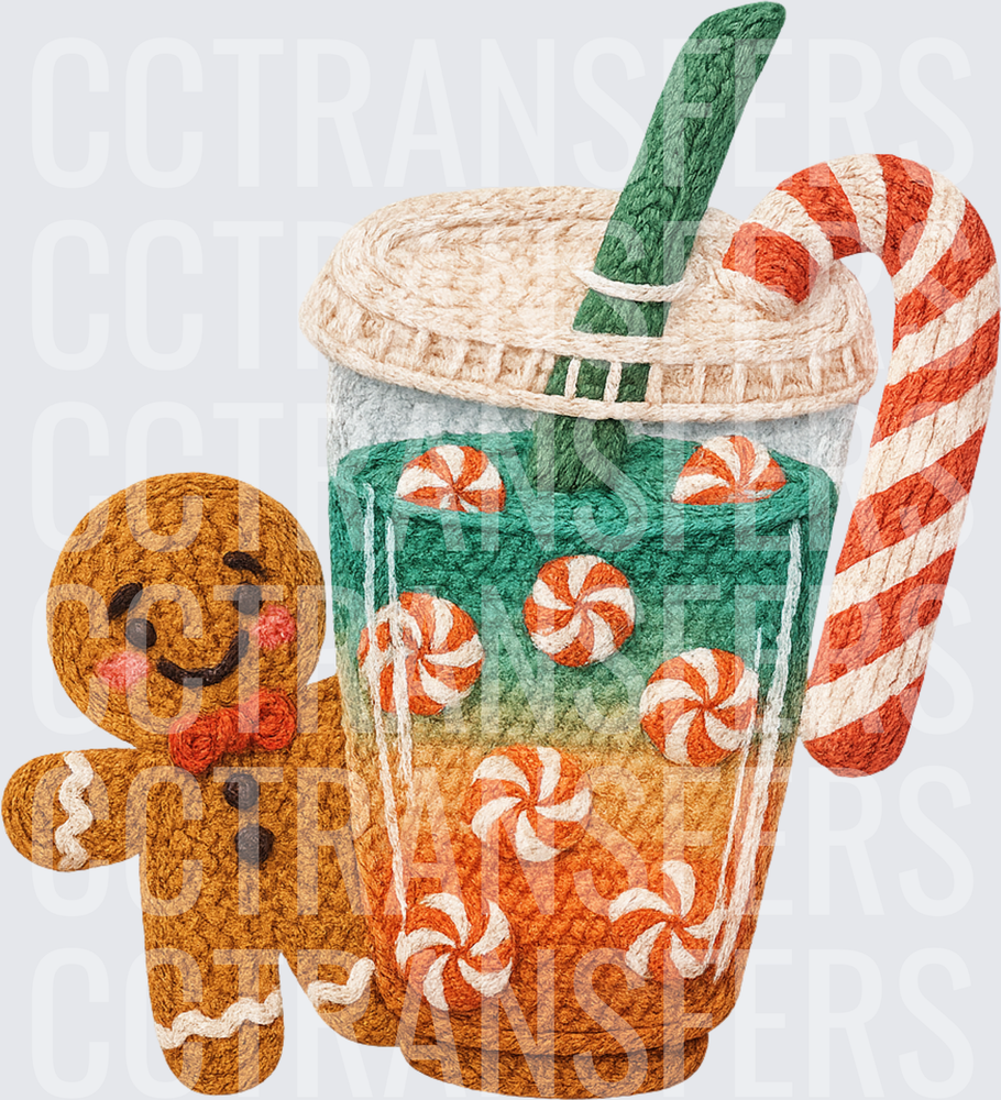 Crochet Gingerbread Man Christmas Iced Drink Candy Cane (DTF)