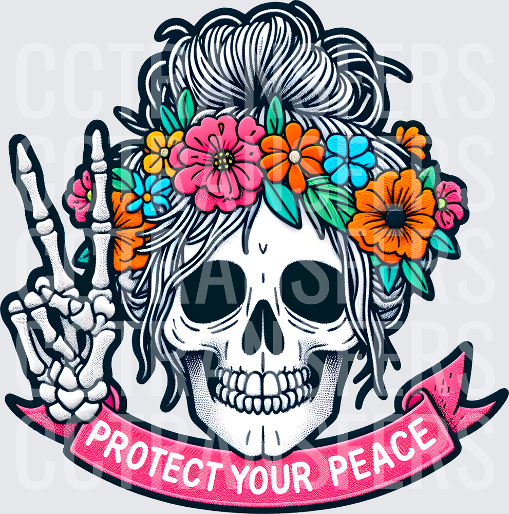 Protect Your Peace Floral Skull Messy Bun Peace Sign (DTF)