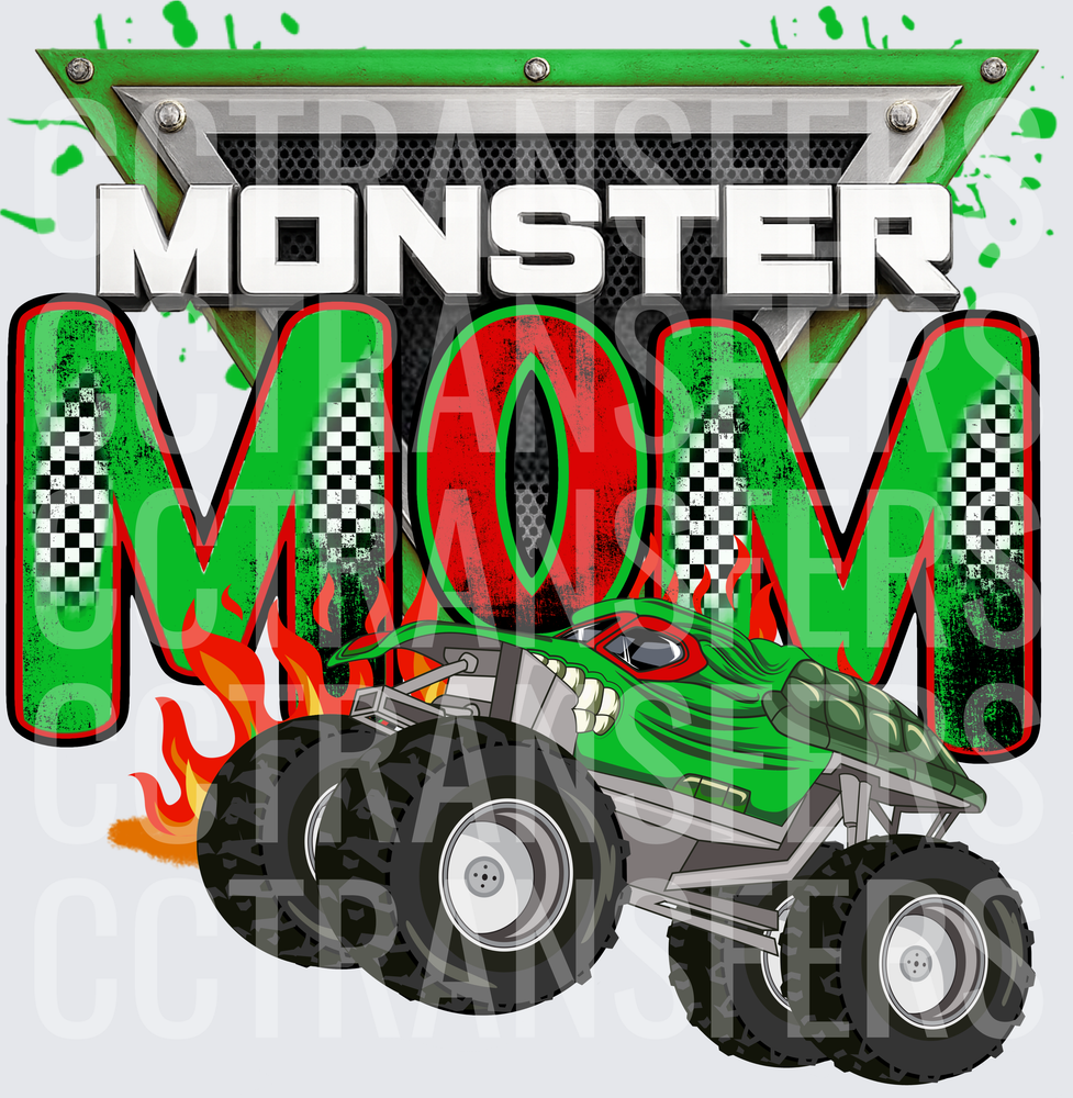 Monster Mom Green Monster Truck Flames Checkered (DTF)