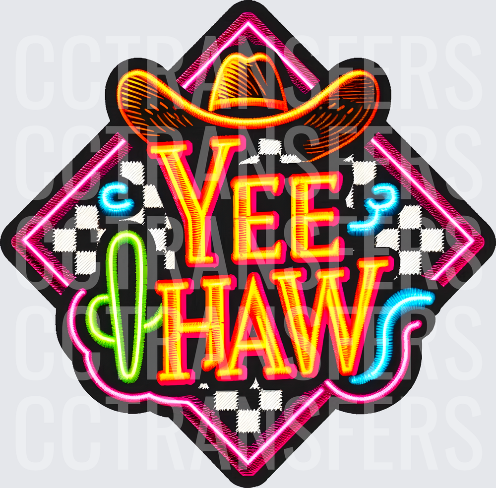 Neon Yee Haw Cowboy Hat Cactus Checkered Diamond (DTF)