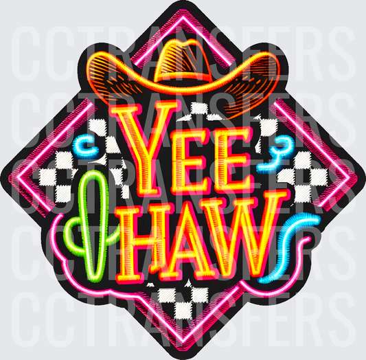 Neon Yee Haw Cowboy Hat Cactus Checkered Diamond (DTF)