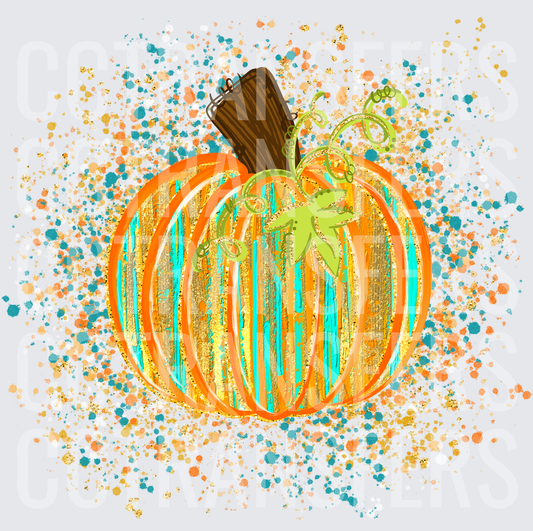 Boho Glitter Pumpkin Teal Gold Paint Splash (DTF)