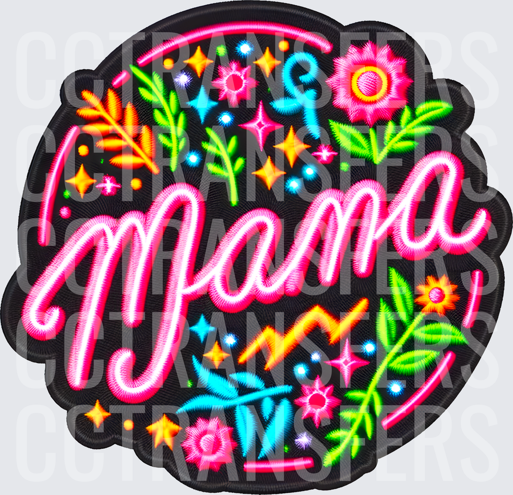 Neon Embroidery Mama Floral Sparkle Patch (DTF)