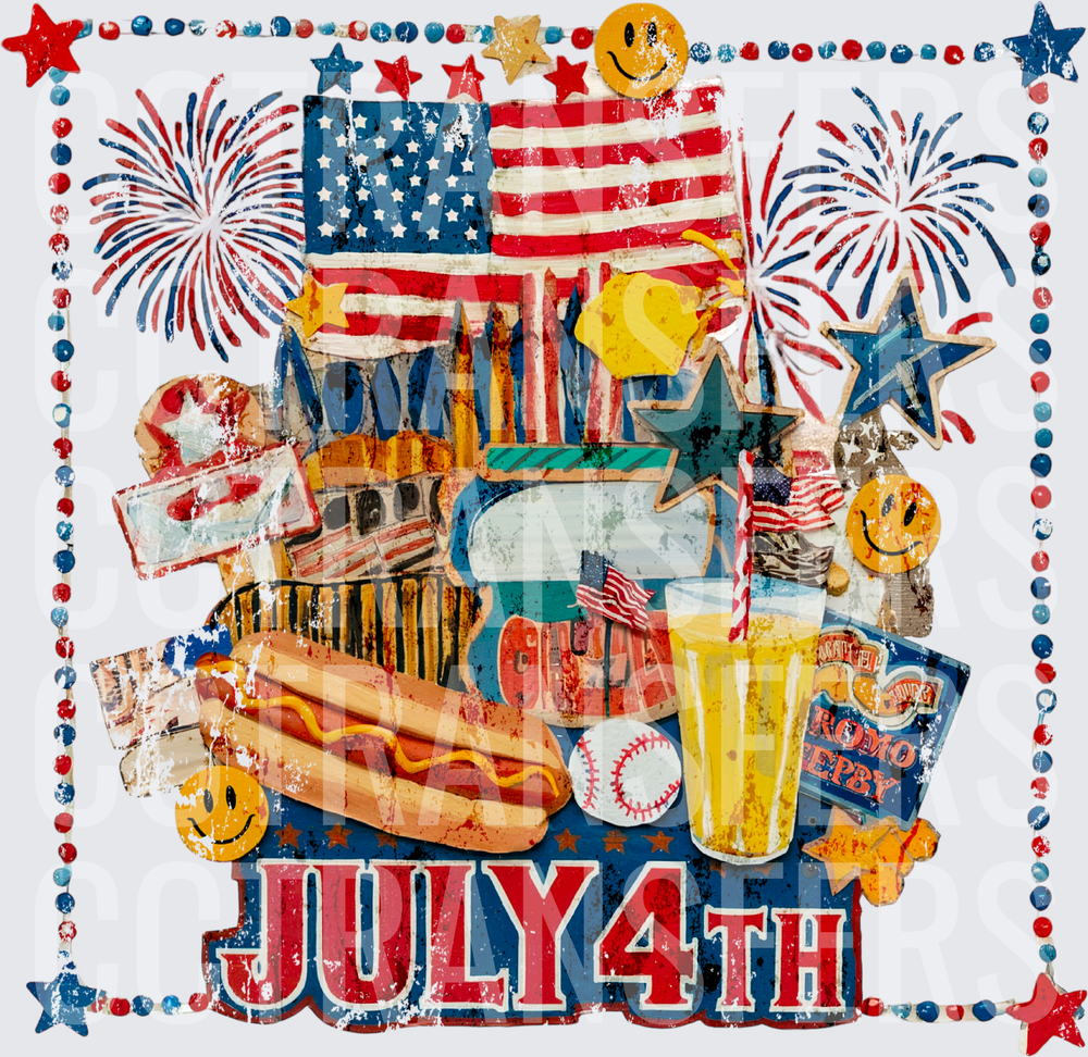 July 4th Patriotic Collage Fireworks Hot Dog Beer (DTF)