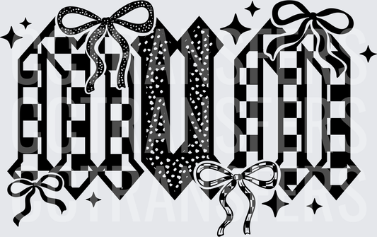 Checkered Gothic Letter U V O Bows Sparkles Black White (DTF)