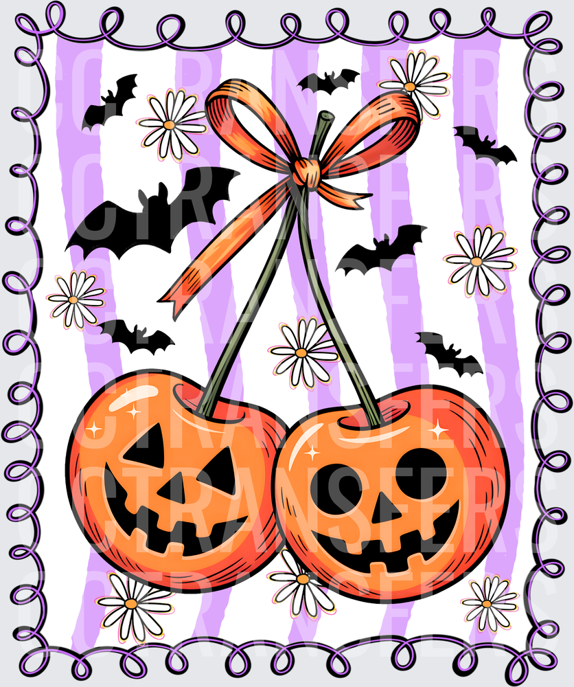 Halloween Jack-O-Lantern Cherry Pair with Bow and Bats (DTF)