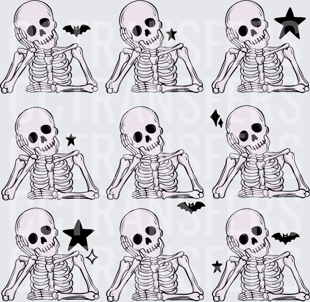 Cute Skeleton Bored Pose Sheet Bats Stars Halloween (DTF)