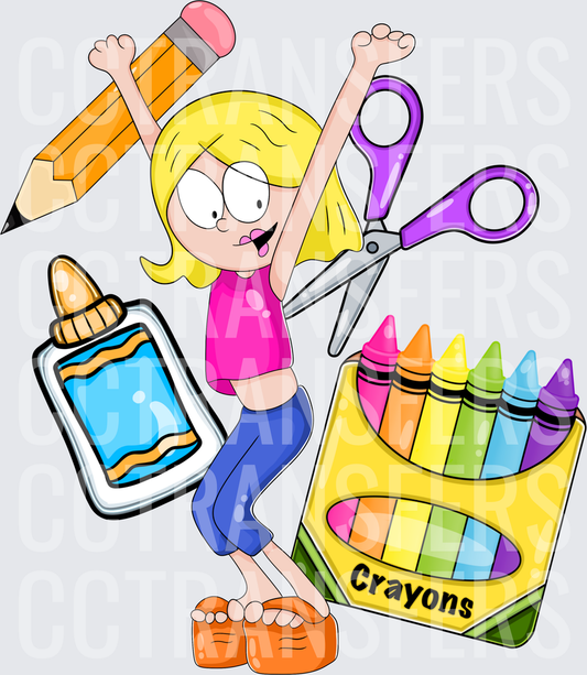 Excited Blonde Girl with School Supplies Crayons Scissors (DTF)