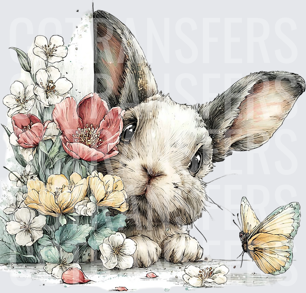 Curious Baby Bunny with Spring Flowers and Butterfly (DTF)