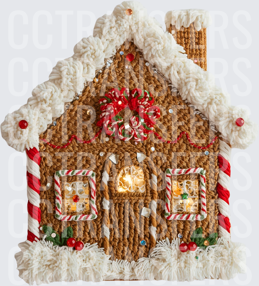Woven Gingerbread House with Candy Cane Trim and Snow (DTF)