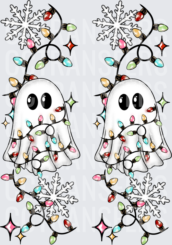 Cute Ghost Tangled In Christmas Lights Snowflakes (DTF)