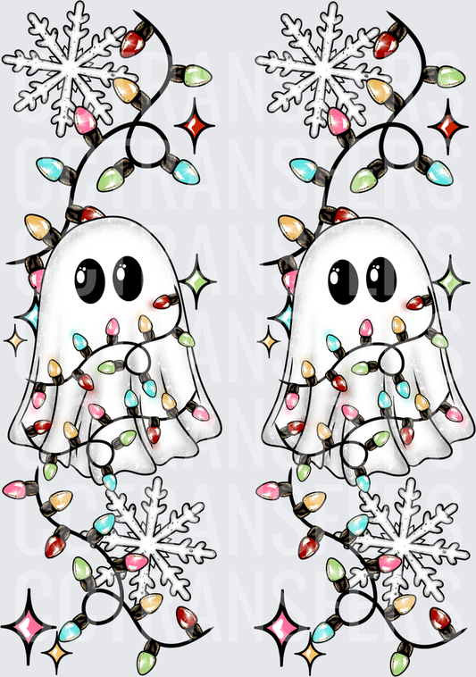 Cute Ghost Tangled In Christmas Lights Snowflakes (DTF)