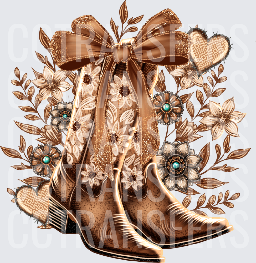 Floral Cowboy Boots Glitter Bow Turquoise Flowers (DTF)