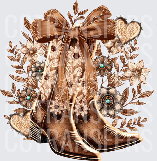 Floral Cowboy Boots Glitter Bow Turquoise Flowers (DTF)