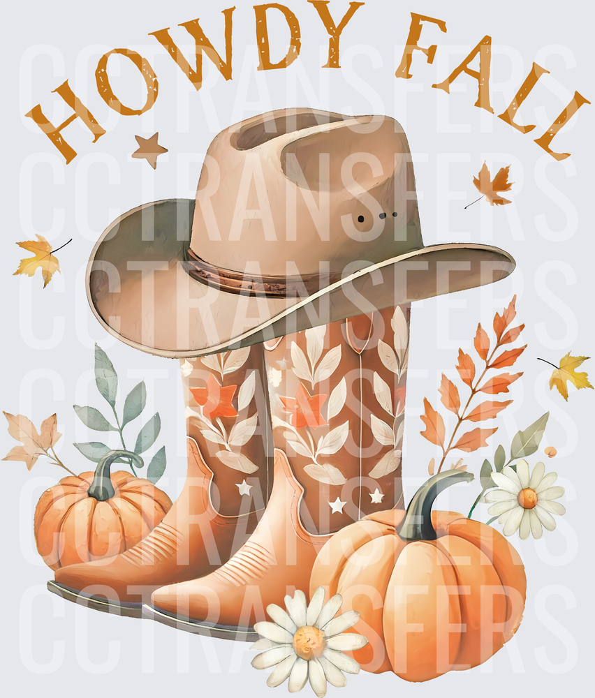 Howdy Fall Cowboy Boots Hat Pumpkins Autumn Leaves (DTF)